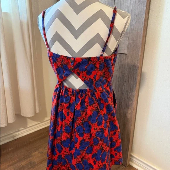 Retro Rockabilly Floral Linen Cotton Blend Dress w Pockets Size Large red blue - Picture 5 of 16